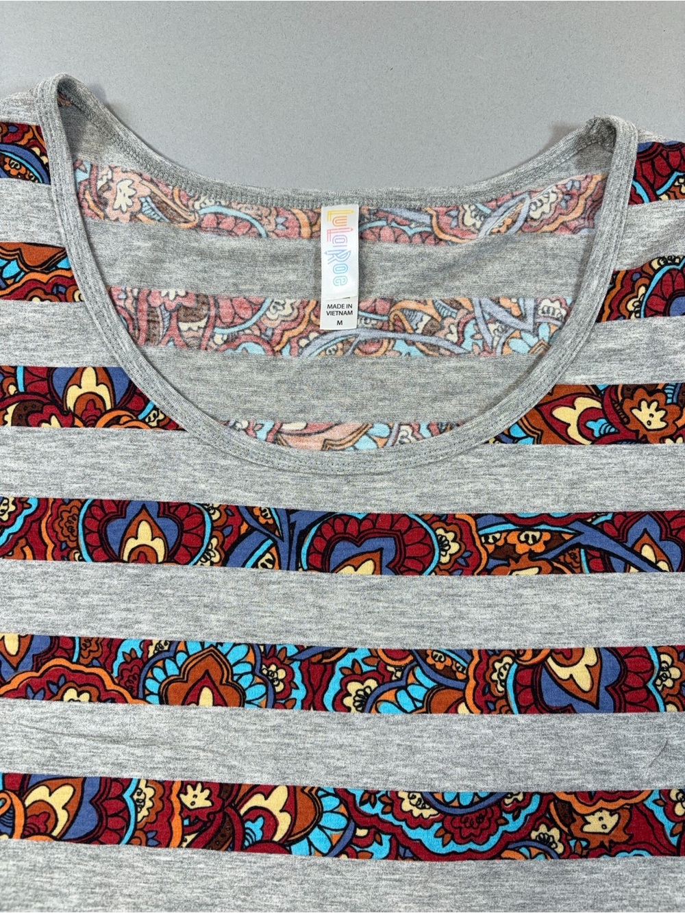 LuLaRoe Gray Multicolor Paisley Stripe Long Sleeve Hi Low T-Shirt Top